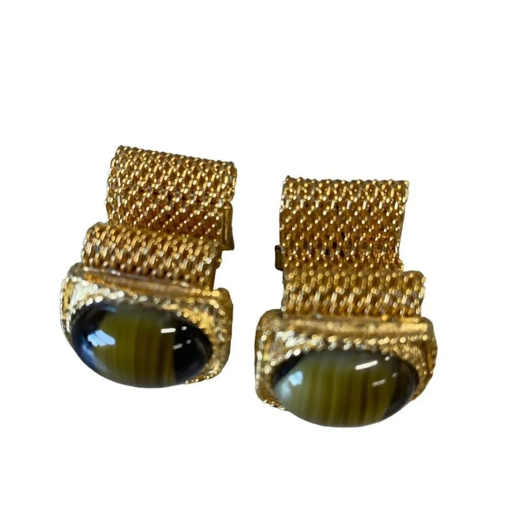 Vtg Gold Tone Fancy Frame Brown Green Swirl Art Glass‎ Stone Mesh Wrap Cufflinks